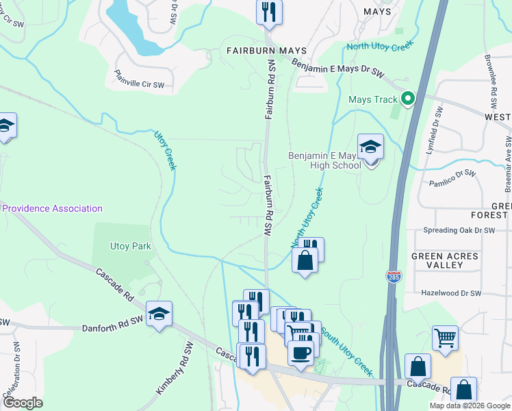 map of restaurants, bars, coffee shops, grocery stores, and more near 3689 Manor Court Southwest in Atlanta