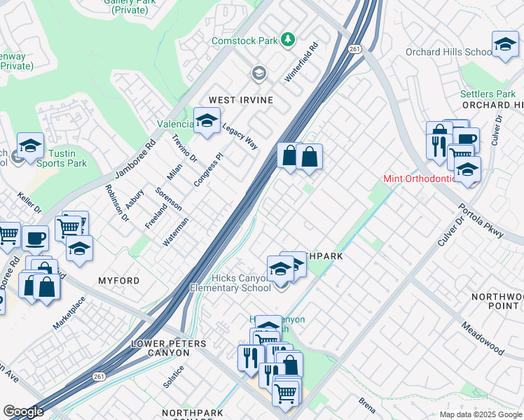 map of restaurants, bars, coffee shops, grocery stores, and more near 22 Mineral King in Irvine