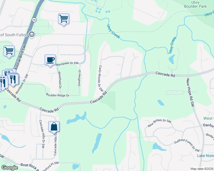 map of restaurants, bars, coffee shops, grocery stores, and more near 5035 Cascade Road in Atlanta
