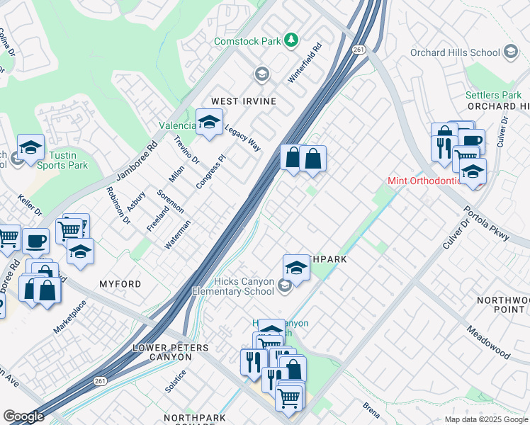 map of restaurants, bars, coffee shops, grocery stores, and more near 22 Mineral King in Irvine