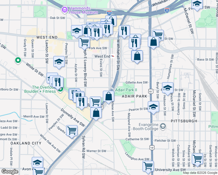 map of restaurants, bars, coffee shops, grocery stores, and more near 505 White Street Southwest in Atlanta