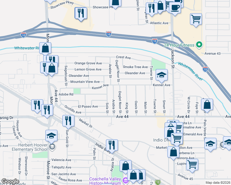 map of restaurants, bars, coffee shops, grocery stores, and more near 43572 Arabia Street in Indio