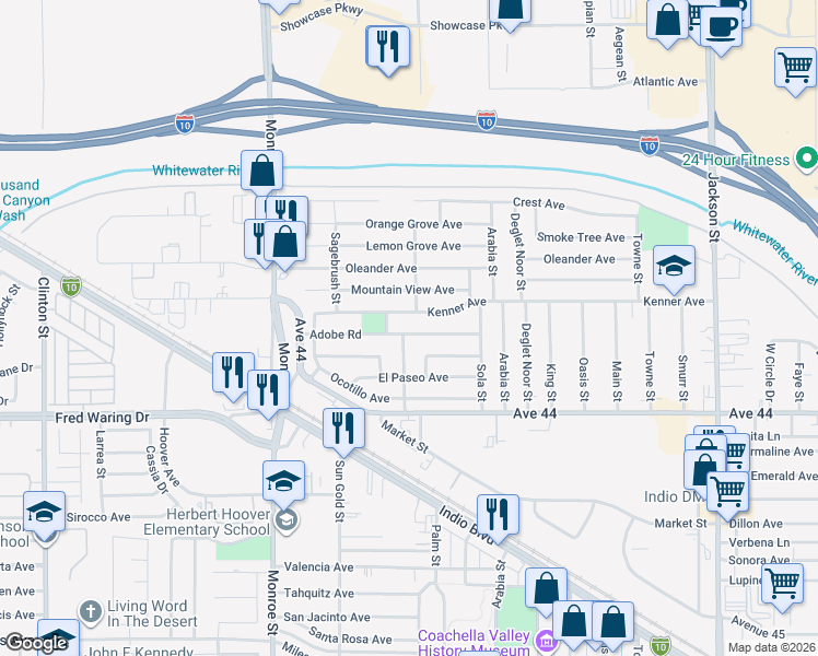 map of restaurants, bars, coffee shops, grocery stores, and more near 82310 Adobe Road in Indio