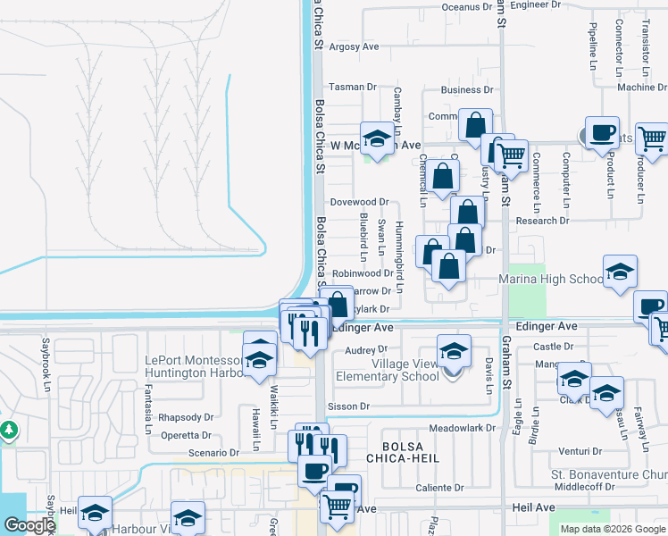 map of restaurants, bars, coffee shops, grocery stores, and more near 5031 Robinwood Drive in Huntington Beach