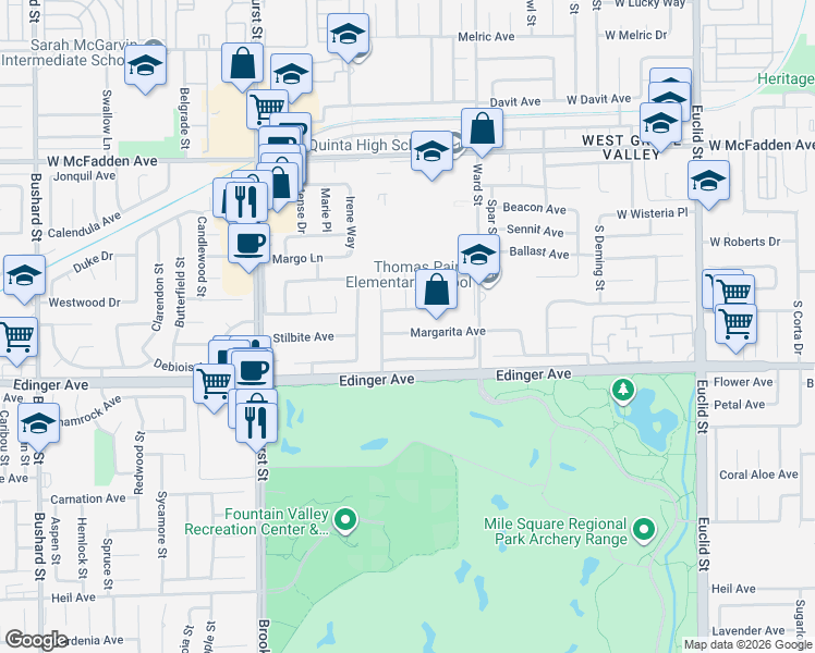 map of restaurants, bars, coffee shops, grocery stores, and more near 10337 Margarita Avenue in Fountain Valley