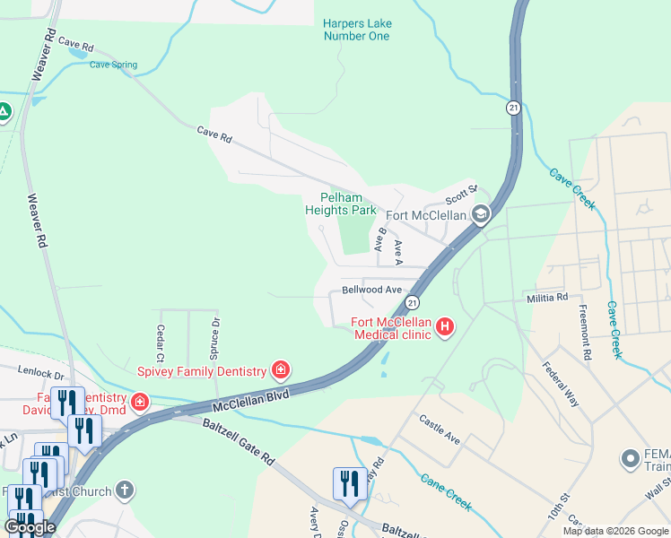 map of restaurants, bars, coffee shops, grocery stores, and more near 62 Pelham Heights in Anniston