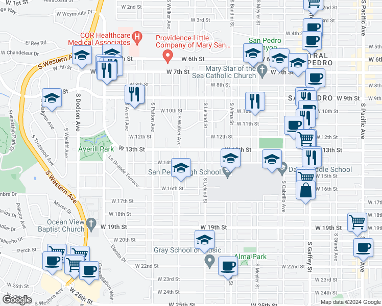 map of restaurants, bars, coffee shops, grocery stores, and more near 1157 West 13th Street in Los Angeles