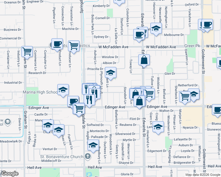 map of restaurants, bars, coffee shops, grocery stores, and more near 6221 Royalist Drive in Huntington Beach