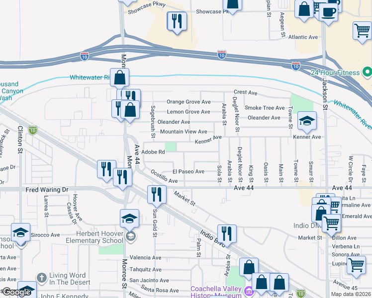 map of restaurants, bars, coffee shops, grocery stores, and more near 82310 Adobe Road in Indio