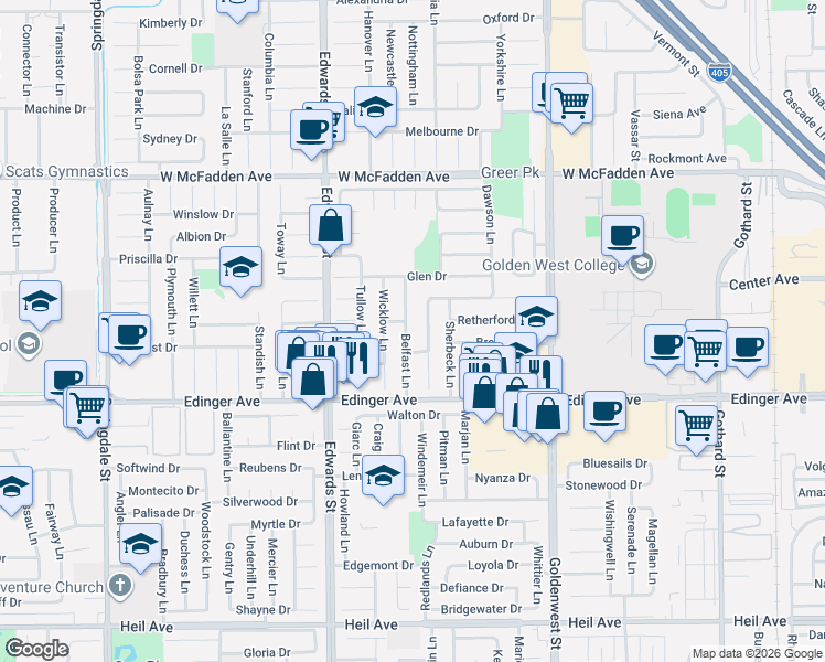map of restaurants, bars, coffee shops, grocery stores, and more near 15861 Belfast Lane in Huntington Beach