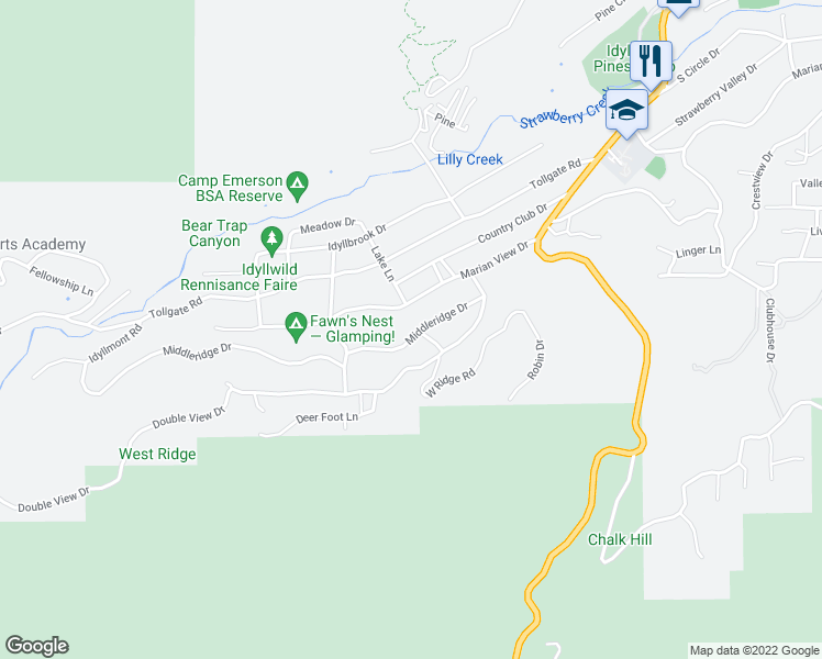 map of restaurants, bars, coffee shops, grocery stores, and more near 53460 Middleridge Drive in Idyllwild-Pine Cove