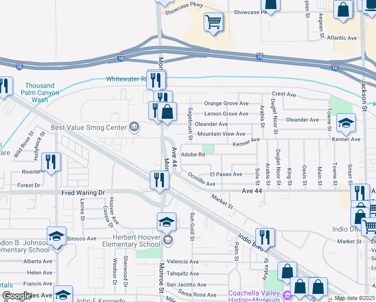 map of restaurants, bars, coffee shops, grocery stores, and more near 82130 Adobe Road in Indio