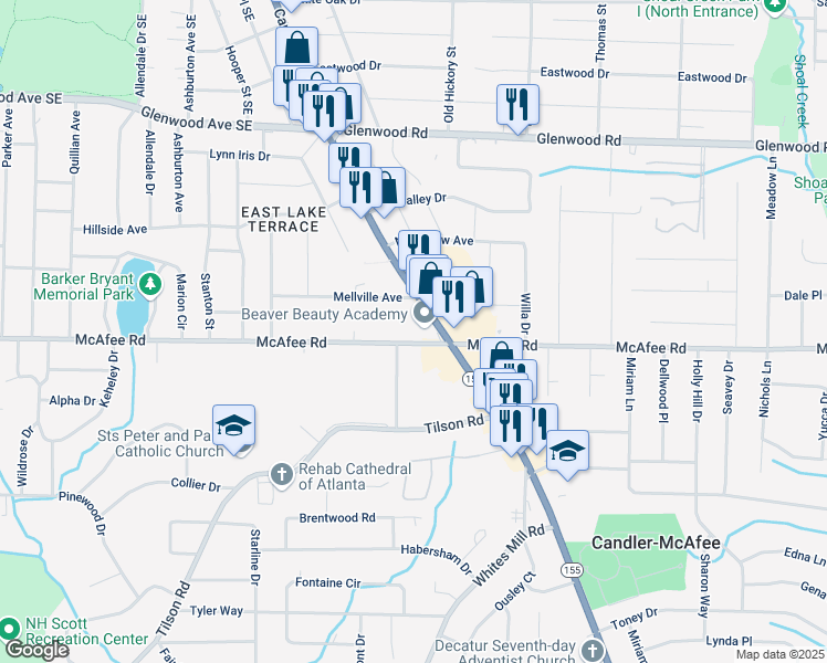 map of restaurants, bars, coffee shops, grocery stores, and more near 2570 McAfee Road in Decatur