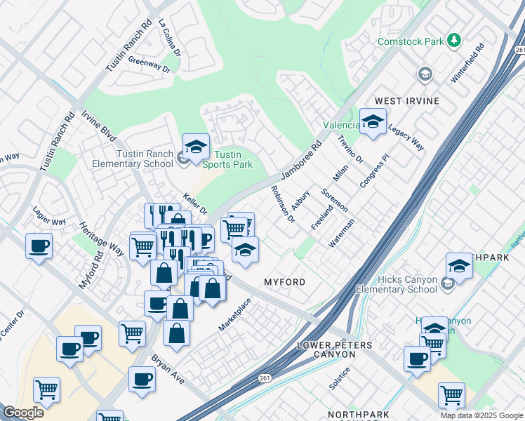 map of restaurants, bars, coffee shops, grocery stores, and more near 47 Cliffwood in Irvine