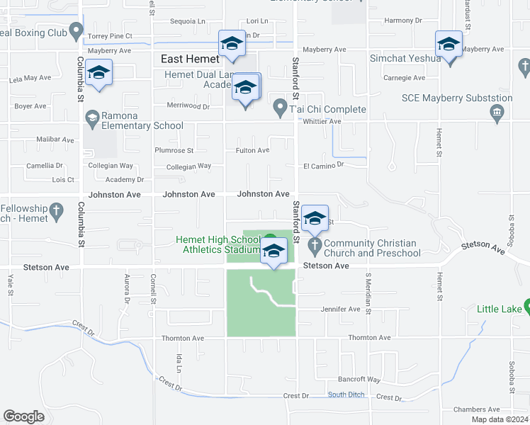 map of restaurants, bars, coffee shops, grocery stores, and more near 26820 Oxford Court in Hemet