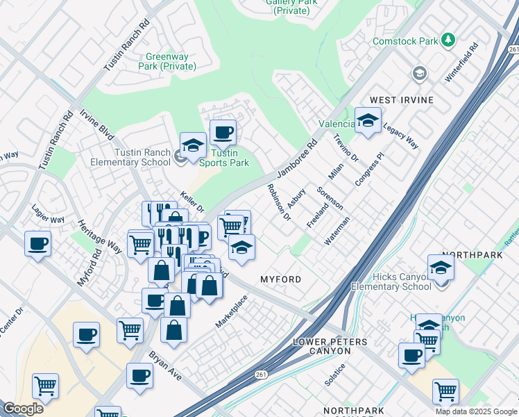 map of restaurants, bars, coffee shops, grocery stores, and more near 47 Cliffwood in Irvine