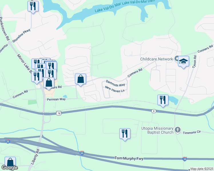 map of restaurants, bars, coffee shops, grocery stores, and more near 3028 New Haven Lane in Villa Rica