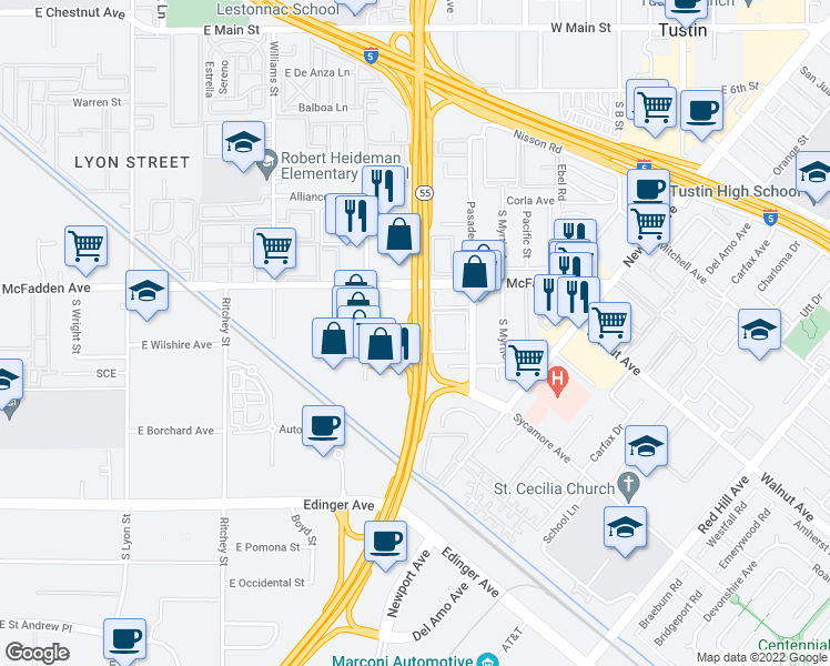 map of restaurants, bars, coffee shops, grocery stores, and more near State Route 55 in Irvine