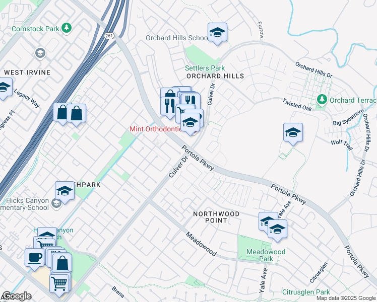 map of restaurants, bars, coffee shops, grocery stores, and more near Culver Dr & Portola Pkwy in Irvine