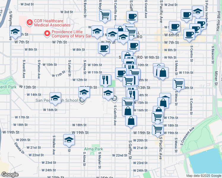 map of restaurants, bars, coffee shops, grocery stores, and more near 825 West 13th Street in Los Angeles