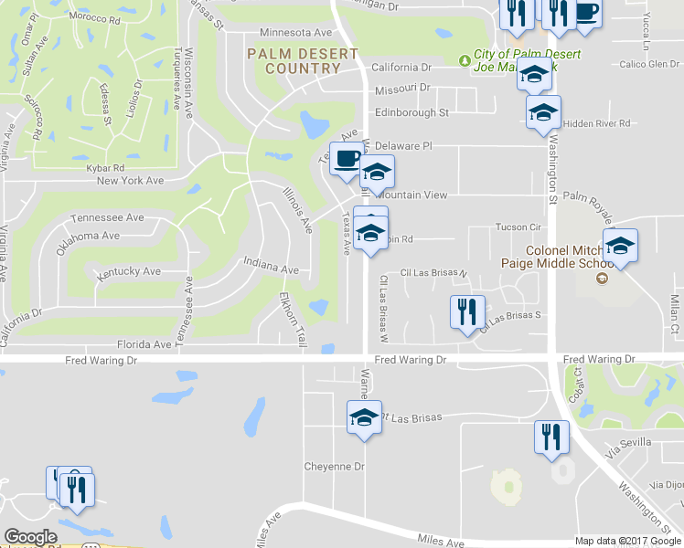 map of restaurants, bars, coffee shops, grocery stores, and more near 43485 Texas Avenue in Palm Desert