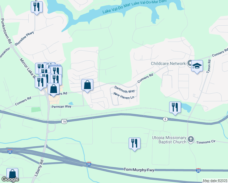 map of restaurants, bars, coffee shops, grocery stores, and more near 3030 New Haven Lane in Villa Rica