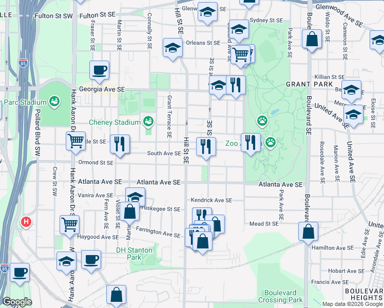 map of restaurants, bars, coffee shops, grocery stores, and more near 299 Grant Park Place Southeast in Atlanta