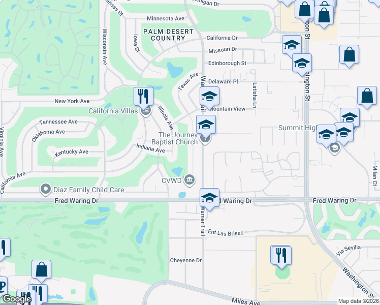 map of restaurants, bars, coffee shops, grocery stores, and more near 43485 Texas Avenue in Palm Desert