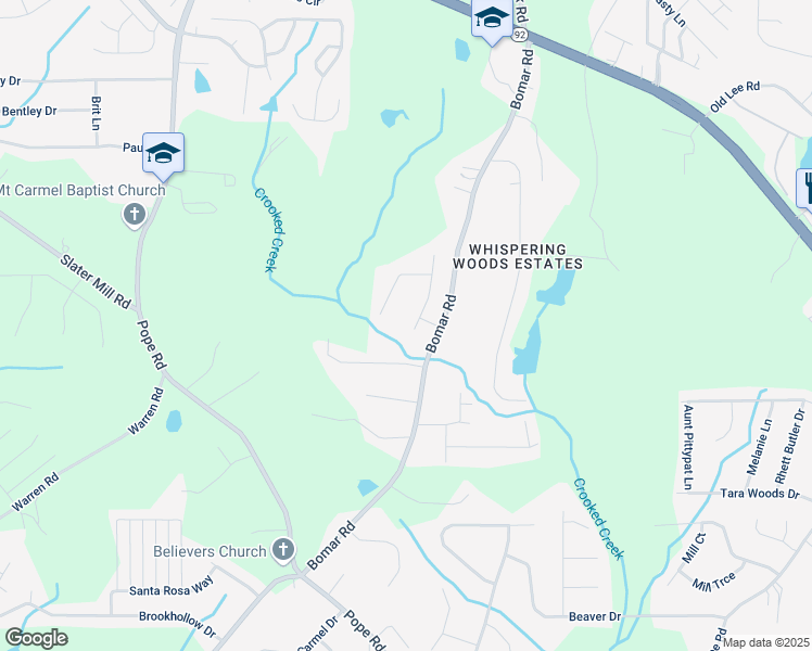 map of restaurants, bars, coffee shops, grocery stores, and more near 2715 Springside Court in Douglasville