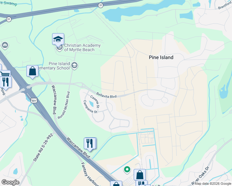 map of restaurants, bars, coffee shops, grocery stores, and more near 413 Caretta Court in Myrtle Beach