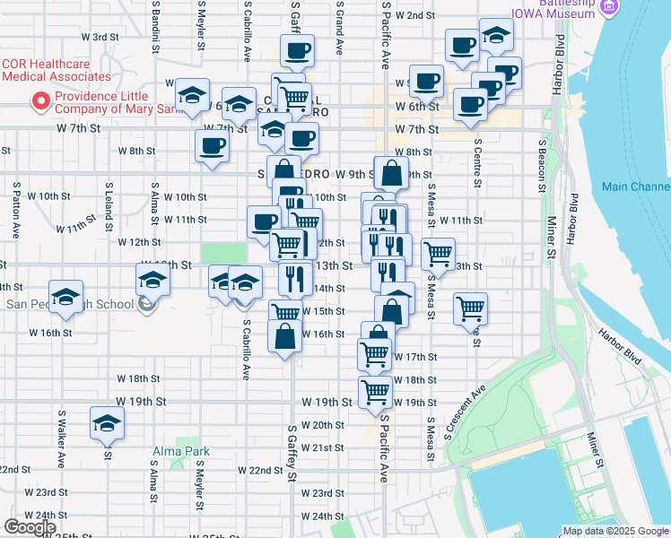 map of restaurants, bars, coffee shops, grocery stores, and more near 601 West 13th Street in Los Angeles