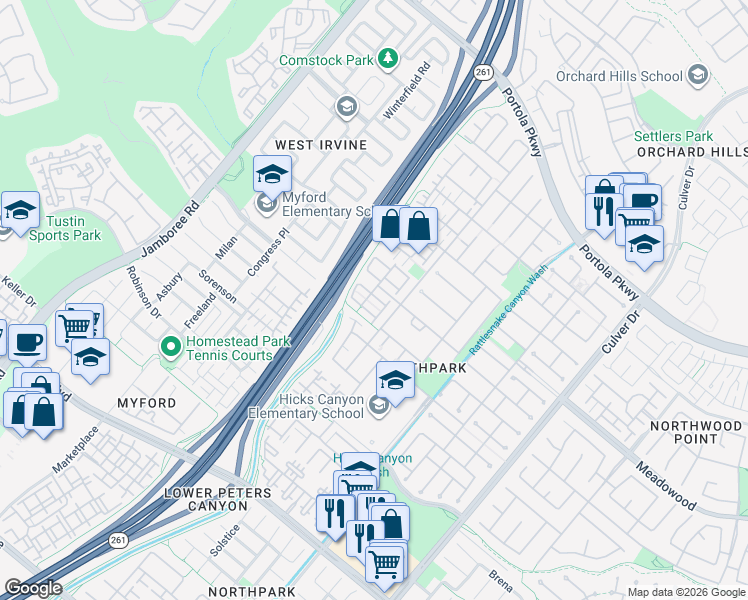 map of restaurants, bars, coffee shops, grocery stores, and more near 22 Apple Valley in Irvine