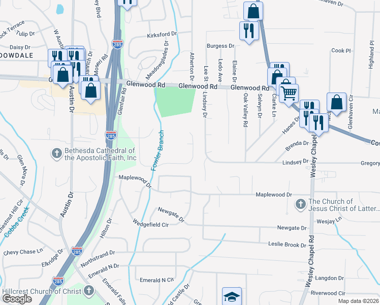 map of restaurants, bars, coffee shops, grocery stores, and more near 2132 Glenwood Downs Drive in Decatur