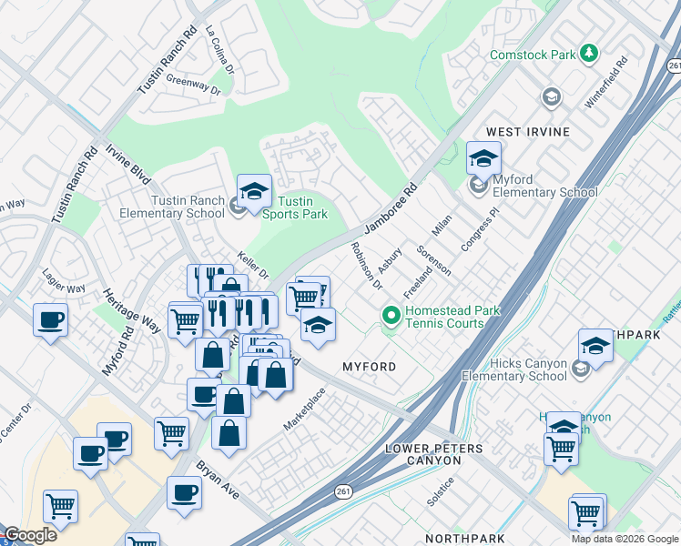 map of restaurants, bars, coffee shops, grocery stores, and more near 33 Meadow Glen in Irvine