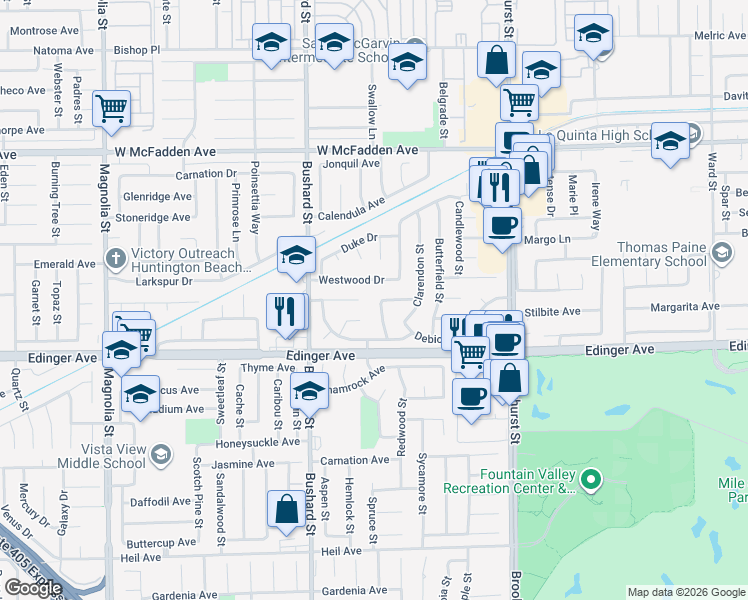 map of restaurants, bars, coffee shops, grocery stores, and more near 15892 Overton Street in Fountain Valley