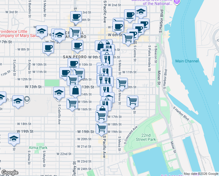 map of restaurants, bars, coffee shops, grocery stores, and more near 457 West 13th Street in Los Angeles