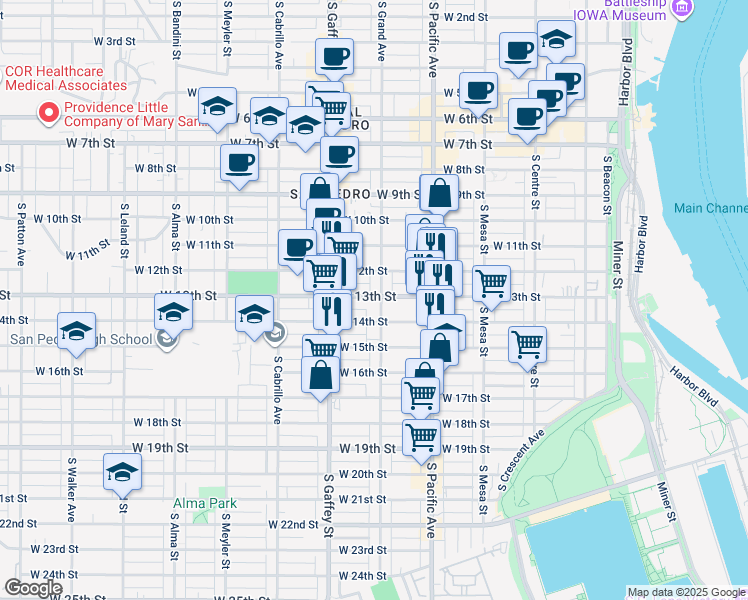 map of restaurants, bars, coffee shops, grocery stores, and more near 1320 South Grand Avenue in Los Angeles