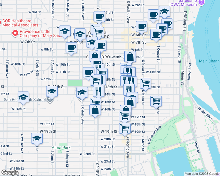map of restaurants, bars, coffee shops, grocery stores, and more near 1320 South Grand Avenue in Los Angeles