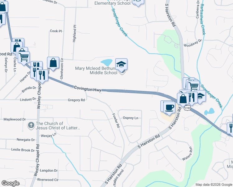 map of restaurants, bars, coffee shops, grocery stores, and more near 5211 Covington Highway in Decatur