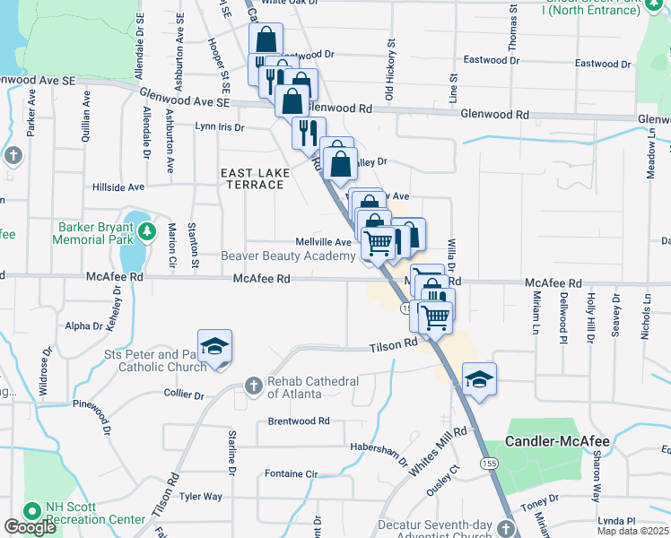 map of restaurants, bars, coffee shops, grocery stores, and more near 2533 McAfee Road in Decatur