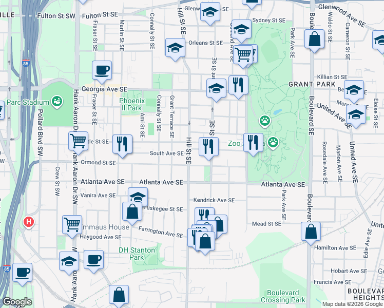 map of restaurants, bars, coffee shops, grocery stores, and more near in Atlanta