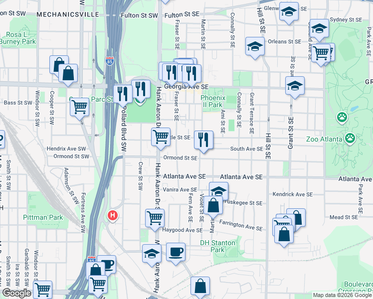 map of restaurants, bars, coffee shops, grocery stores, and more near 74 Ormond Street Southeast in Atlanta