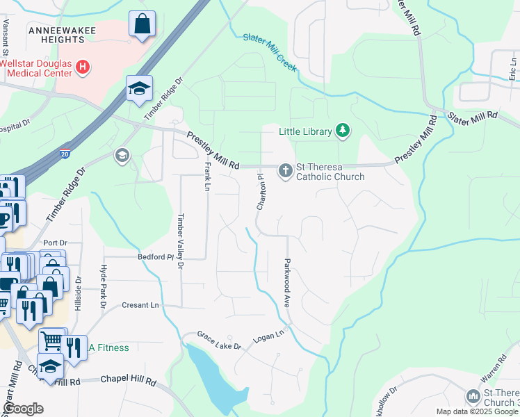 map of restaurants, bars, coffee shops, grocery stores, and more near 5648 Denmeade Trce West in Douglasville