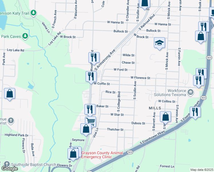 map of restaurants, bars, coffee shops, grocery stores, and more near 1025 Rice Street in Denison