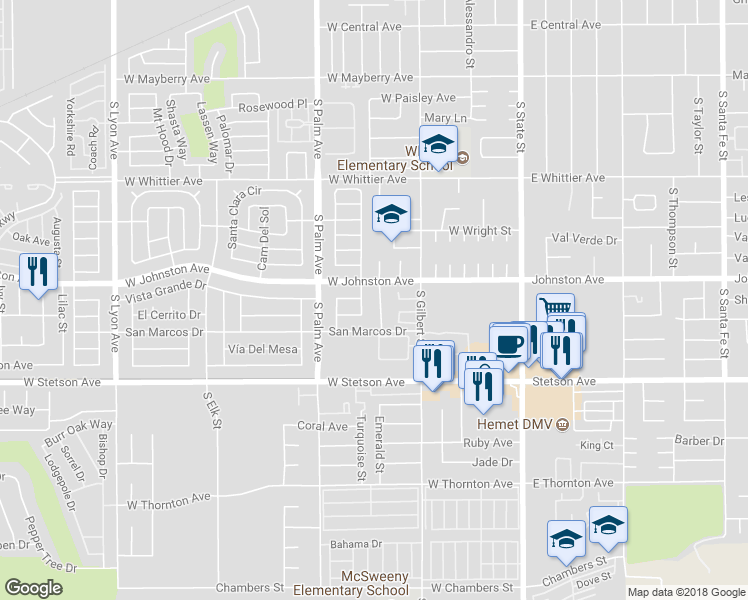 map of restaurants, bars, coffee shops, grocery stores, and more near 939 Malaga Place in Hemet