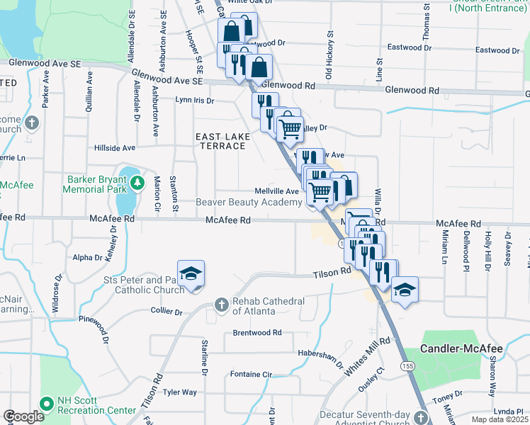 map of restaurants, bars, coffee shops, grocery stores, and more near 2533 McAfee Road in Decatur