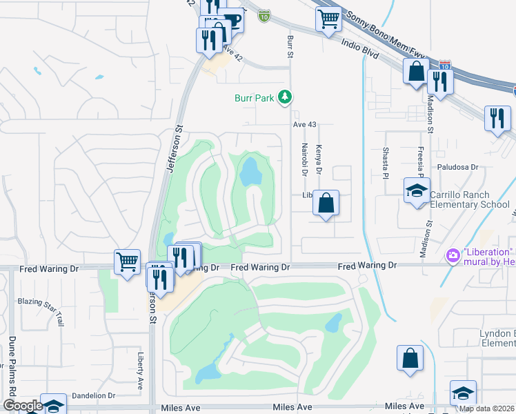 map of restaurants, bars, coffee shops, grocery stores, and more near 43682 Old Troon Court in Indio