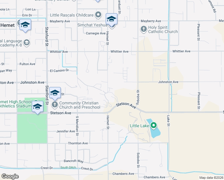 map of restaurants, bars, coffee shops, grocery stores, and more near 26820 Hemet Street in Hemet