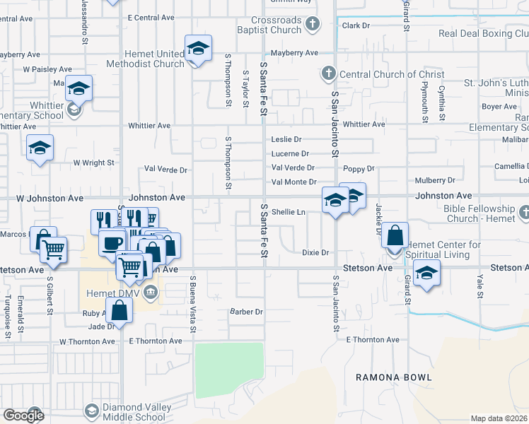 map of restaurants, bars, coffee shops, grocery stores, and more near S Santa Fe St & Shellie Ln in Hemet