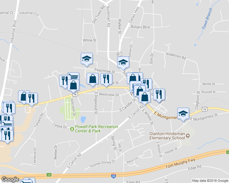 map of restaurants, bars, coffee shops, grocery stores, and more near 225 West View Road in Villa Rica